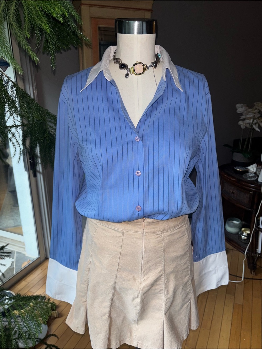 Blue y2k Pinstripe Button-Down Shirt with White Collar - Womens Top